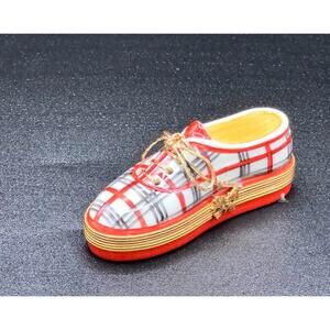 Rochard Limoges Shoe Trinket Box Burberry-Style Plaid Peint Main France Signed